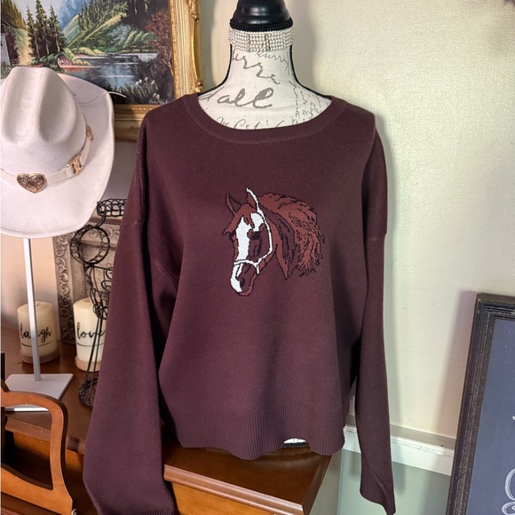 Brown Tweed Sweater with Horse Embroidery NWT